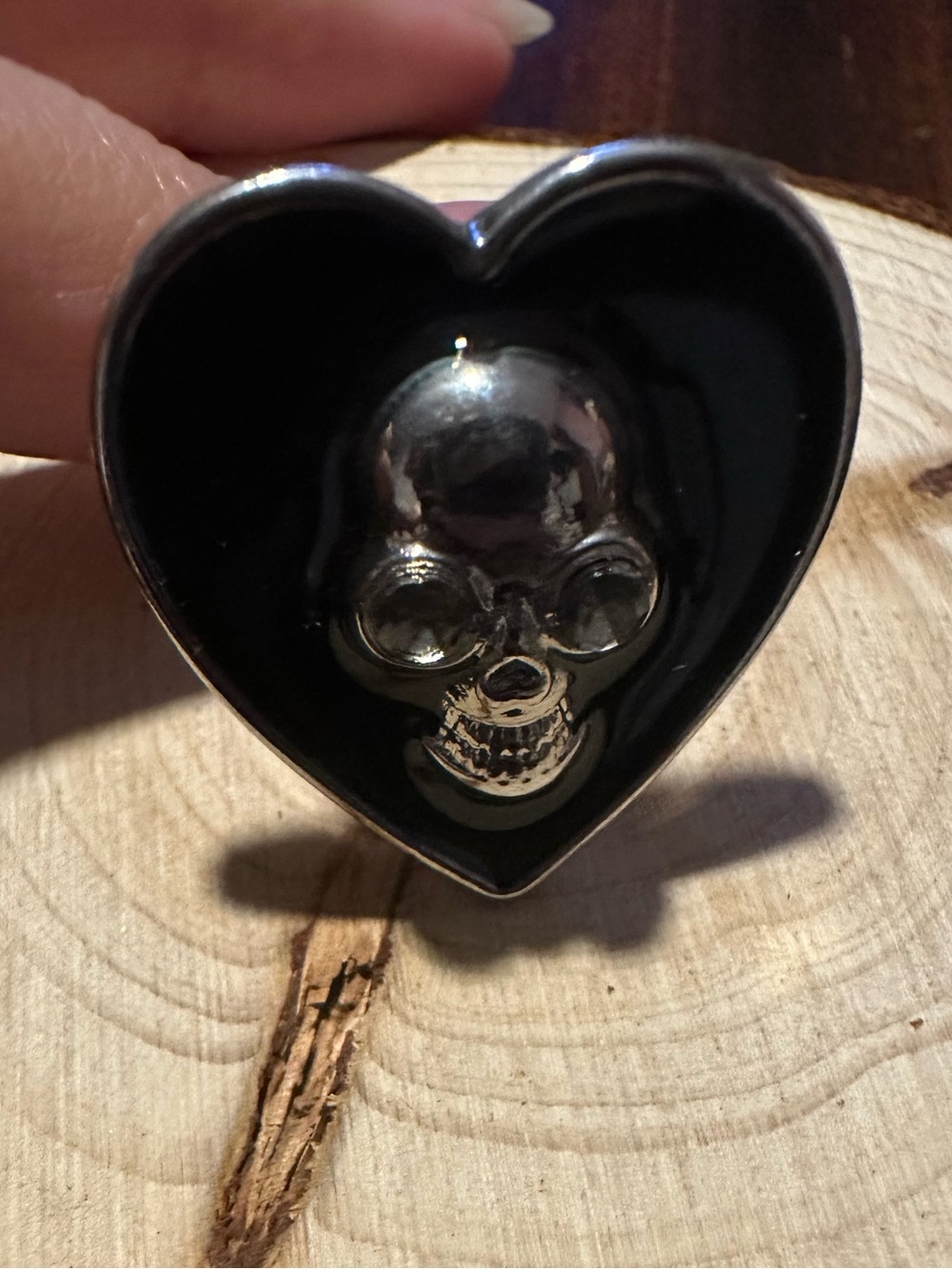 Skull Heart Ring Black Enamel Silver Tone Adjustable